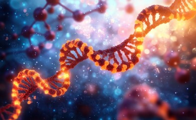 Fototapeta premium Vibrant DNA Helix Surrounded by Molecular Structures in Surreal Style