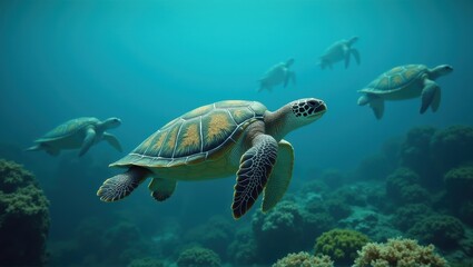 Underwater scene with a sea turtle and school of fish, vibrant coral reef, serene ocean life. Generative, AI.
