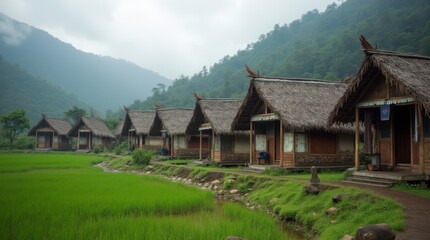 Kayan Refugees Living in Traditional Huts in Huay Pu Keng Village, Mae Hong Son Province. Generative AI