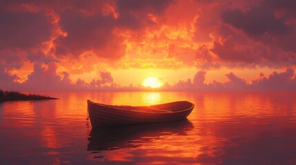 Fototapeta premium A small wooden boat floats serenely on the water at sunset, with a fiery sky reflecting in the water.
