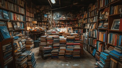 Obraz premium A cozy bookstore with wooden shelves full of books, a table in the middle and a pile of books in the foreground.