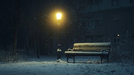 Snow-covered wooden bench under a streetlamp, glowing softly on a quiet winter evening