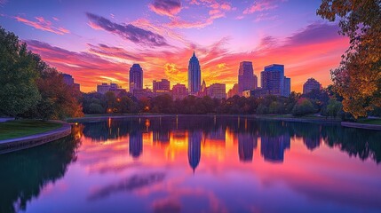 Fototapeta premium A vibrant sunrise over the city skyline, reflected in a calm lake, with trees in the foreground.