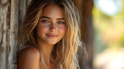 Fototapeta premium A stunning 17-year-old American girl, sitting on a wooden fence in a picturesque countryside, smiling with joy as the sun sets behind her, casting a golden glow 