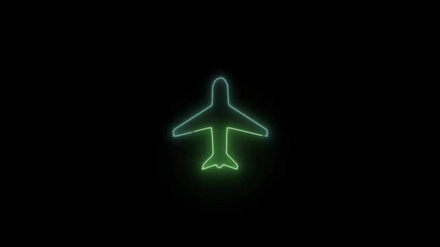 Glowing neon plane sign icon animation. Airplane icon with neon saber effect animation.