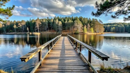 Naklejka premium Wooden Bridge Leading to a Tranquil Lake Surrounded by Trees