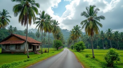 Fototapeta premium Rural Landscape of an Indian Village With House and Palm Trees Alongside a Narrow Road. Generative AI