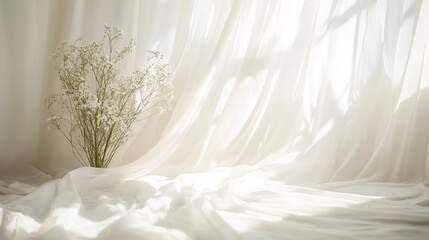 Obraz premium Decorative flower arrangement in soft natural light with draped fabric in a serene indoor setting