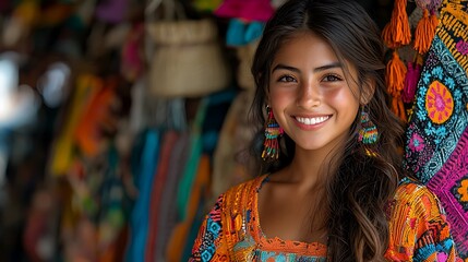 Obraz premium A beautiful teenage girl from Guatemala, 19 years old, standing by a traditional market, smiling softly as she holds a handmade textile, the colorful goods surrounding her 