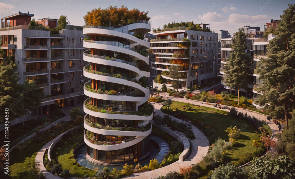 Poster Building with a spiral design and a green roof. The building is surrounded by trees and has a large courtyard