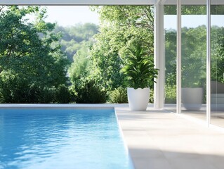Modern poolside view with lush greenery.