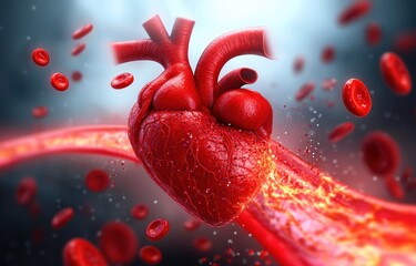 Anatomical Illustration of Human Heart with Blocked Artery Cholesterol and Blood Flow Dynamics