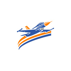 A creative logo design featuring a jet fighter in blue and orange stripes, symbolizing speed, innovation, and modernity, ideal for aviation and tech industries.
