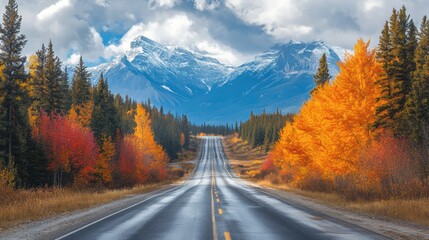 Explore the Vibrant Autumn Colors Along the Empty Road in Alberta, Canada. Generative AI