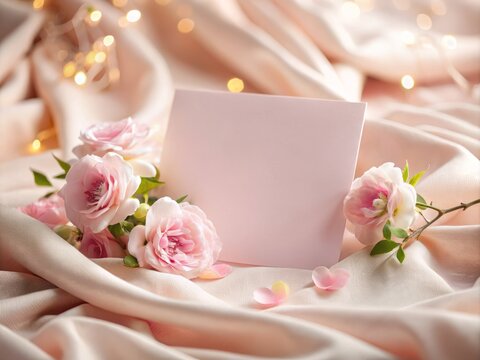 Elegant Blank Card Surrounded by Delicate Pink Fabric and Flowers on a Soft Light Pink Background, Perfect for Personalized Messages and Creative Invitations