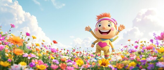 Naklejka premium Cheerful nutrition mascot surrounded by vibrant wildflowers, mascot, whimsical