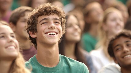 Fototapeta premium A joyful young boy smiles while surrounded by a diverse group, capturing a moment of happiness in a lively setting.