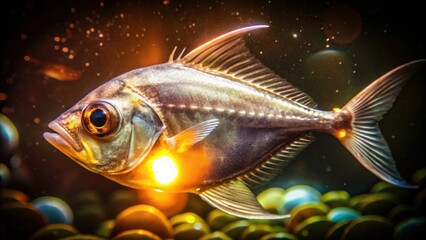 Fototapeta premium A Silverfish with a Large Eye and a Golden Tail Fin Swimming in an Aquarium
