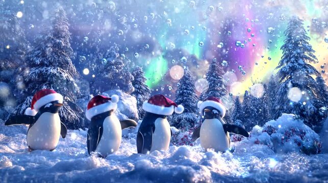 penguins wearing Santa hats in christmas. seamless looping time-lapse virtual 4k video animation background