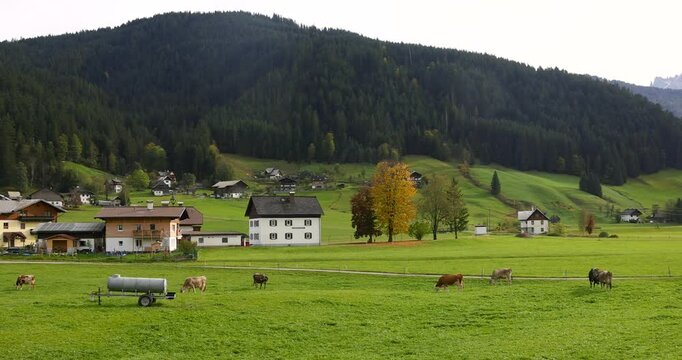 Panoramic aerial view of scenic Gosau village in the middle of Alps mountains in Austria.