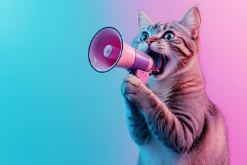 Fototapeta premium A tabby cat excitedly speaks into a large megaphone