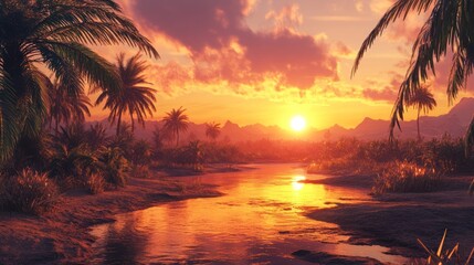 Obraz premium Serene Sunset over Tropical River and Palm Trees