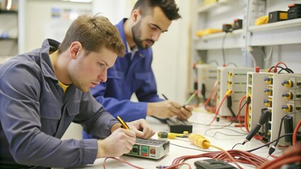 Two Electricians Working on Electrical Equipment in a Workshop