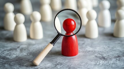 A red figurine under a magnifying glass surrounded by white figurines, symbolizing focus or analysis.