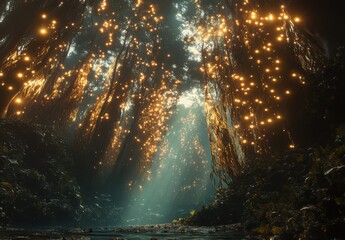 Fototapeta premium Enchanting Glow of a Mystical Forest at Dusk with Sparkling Lights and Soft Sunbeams Filtering Through Lush Greenery and Trees