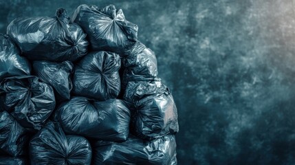 Piles of black trash bags are stacked against a dark backdrop, indicating delayed waste disposal in an urban environment