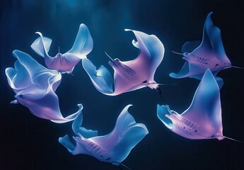Ethereal Elegance of Manta Rays Swimming Gracefully in Deep Ocean Blue, with Soft Glowing Hues and Fluid Shapes Capturing the Serenity of Underwater Life