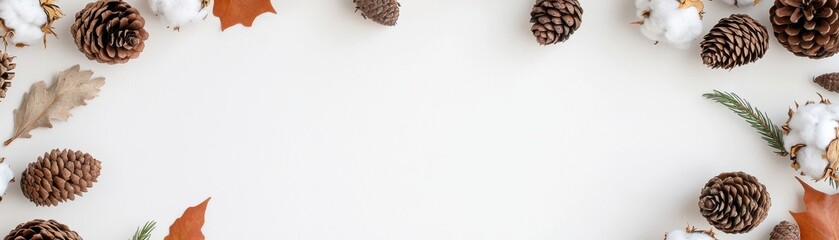 Obraz premium A serene flat lay featuring pine cones, cotton, and autumn leaves, creating a natural, seasonal frame on a light background.
