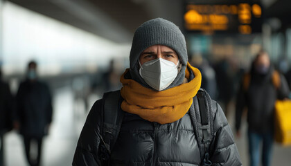 A masked traveler in a warm coat and scarf stands at an airport, surrounded by a bustling crowd, highlighting safety in public spaces.