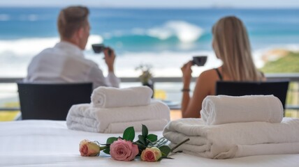 Obraz premium A couple enjoys coffee with a scenic ocean view, surrounded by towels and flowers.
