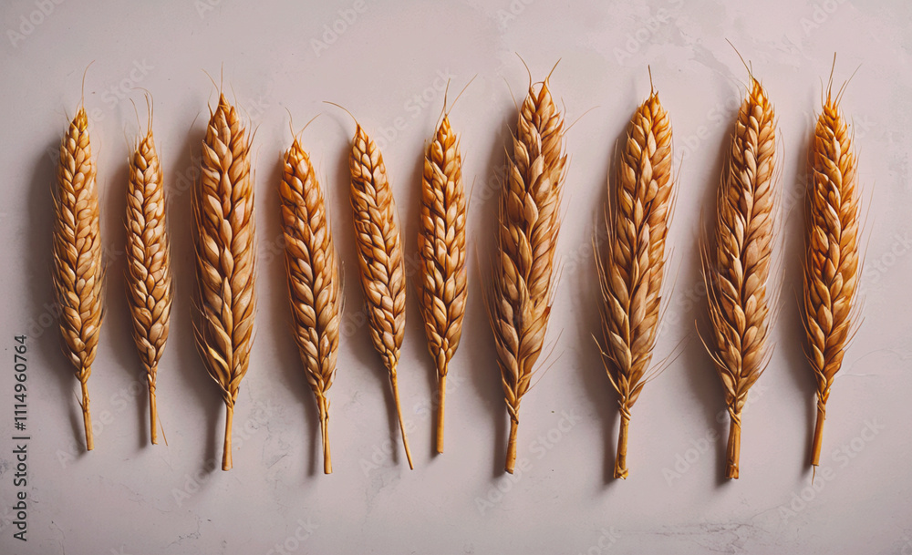 Poster row of wheat stalks with the top of the stalk showing. the stalks are all different sizes