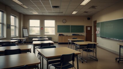 Fototapeta premium Empty classroom with desks, chairs, chalkboard, and windows.