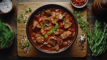 Fototapeta premium A hearty beef stew with vegetables in a brown bowl on a rustic wooden board.