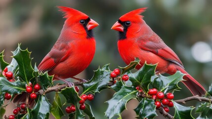 Two vibrant cardinals perched on holly branches 