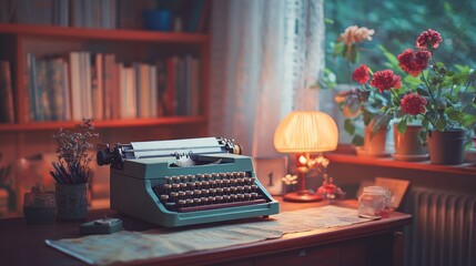 A vintage green typewriter sits on a wooden desk in a home office, with a lamp, flowers, and a bookshelf in the background.