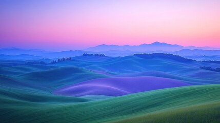 Obraz premium A breathtaking view of rolling hills bathed in the soft glow of a sunrise, with distant mountains silhouetted against a vibrant sky.