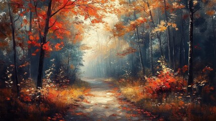 Autumn Forest Pathway with Vibrant Leaves and Soft Light in Anime Style