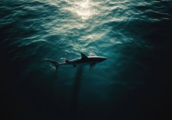 Obraz premium Majestic Shark Swimming Gracefully Beneath Sunlit Ocean Surface, Capturing the Spirit of Marine Life and Nature's Beauty in the Deep Blue Sea
