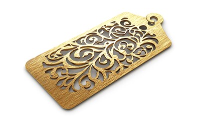 A gold tag with a flower design is shown on a white background