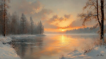 Winter Landscape with Snowy Forest and Glistening River at Sunrise