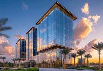 Obraz premium Modern Glass Building with Vibrant Reflections at Sunset Surrounded by Palm Trees and Dramatic Cloud Highlights in an Urban Setting