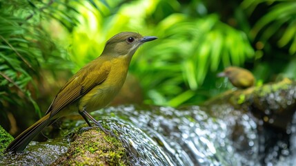 Liberian Greenbul Near Waterfall in Lush Green Setting