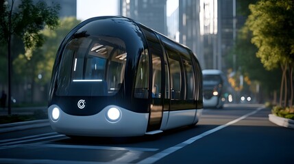Obraz premium Futuristic tram in a cityscape, showcasing modern transport design.