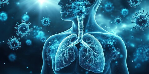 Surreal Digital Illustration of Human Lungs Anatomy with Viruses in Futuristic Art Style