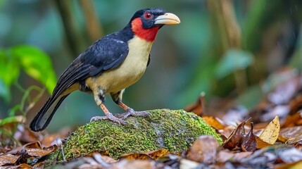 Red-necked Picathartes Standing on Mossy Ground