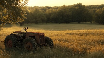 Obraz premium A rustic tractor rests in a sunlit field surrounded by trees, evoking a serene rural scene.